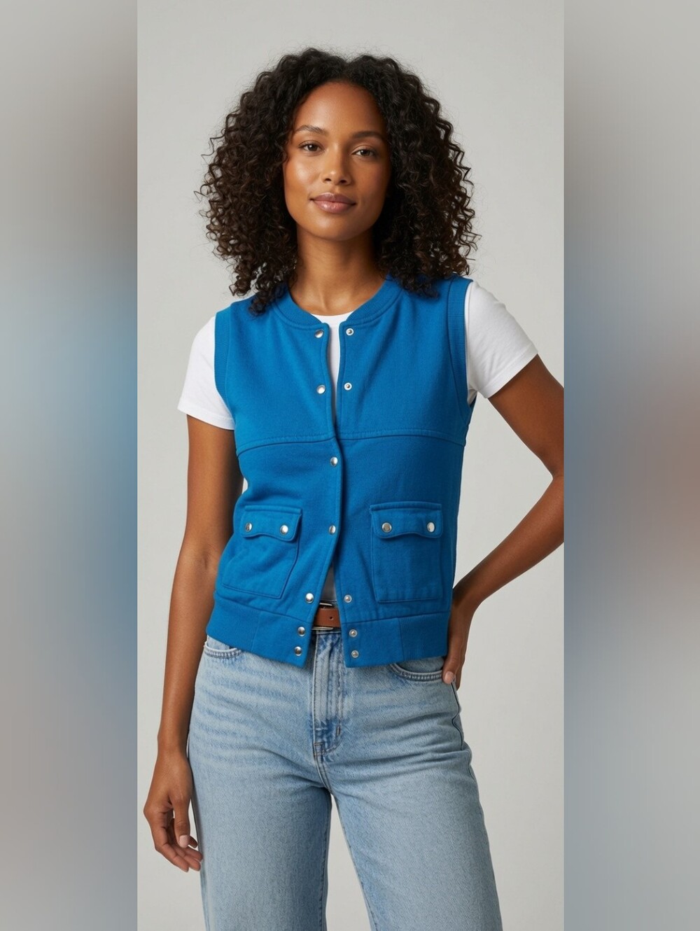 Vintage Bright Blue Button-Front Sleeveless Vest
